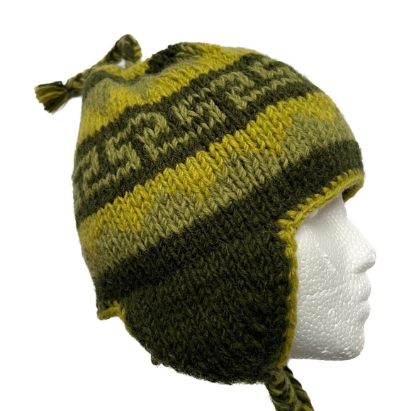 Nepal Wool HAT Ear Flaps Tassel Knit Pattern Winter 3 Tone Green Braided Ties - Picture 1 of 7